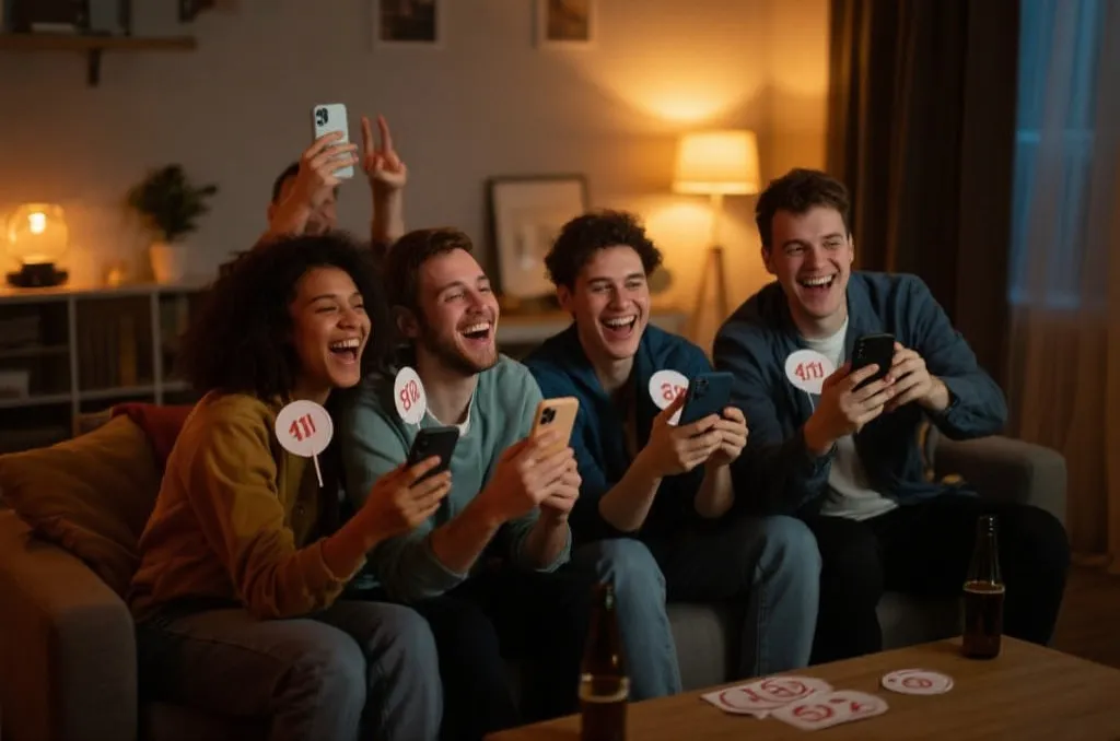 朋友们围坐看球通过手机竞猜,共享欢笑和数据讨论