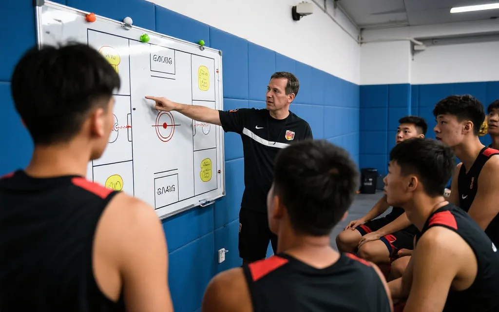 教练在战术板上讲解，队员们认真倾听，紧张备战氛围